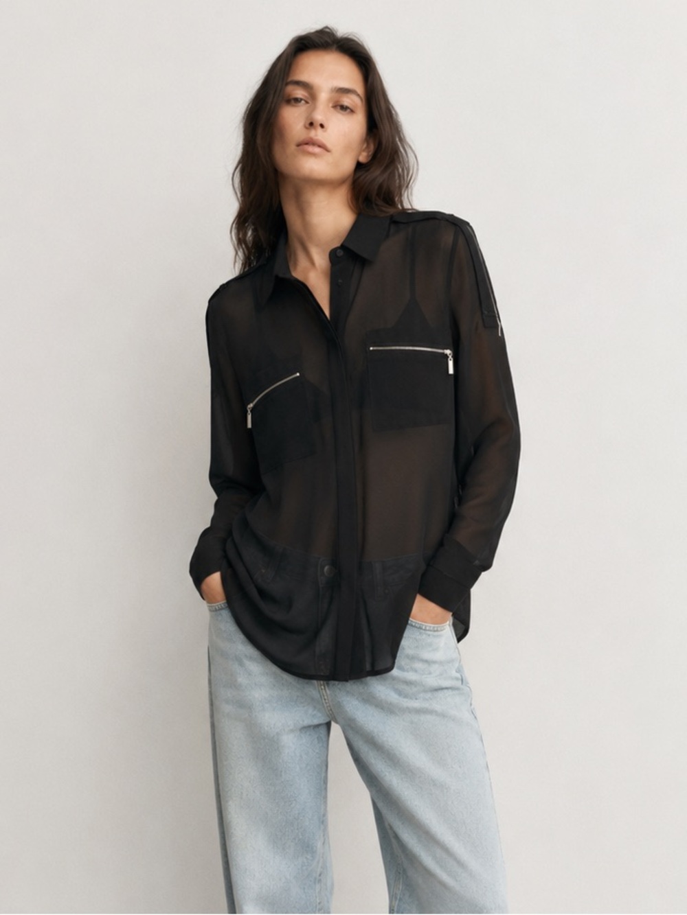 Chiffon Zipper Detail Long Sleeve Blouse